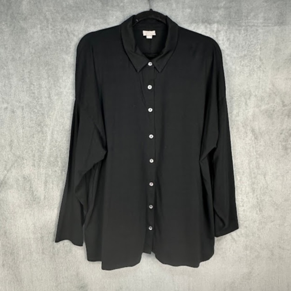 J Jill Top Womens 2X Black Button Down Long Sleeve Stretch Lightweight Neutral